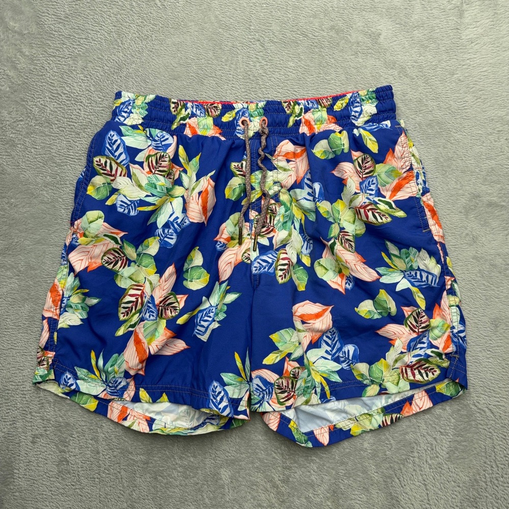 Maaji Swim Shorts Mens M Blue Tropical Leaf Print Drawstring Trunks